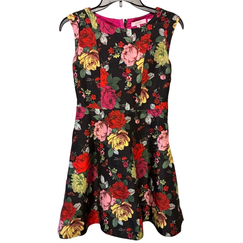 Baker by Ted Baker Black Floral Girls Dress Sz. 14 w/ gold heart-shaped buttons